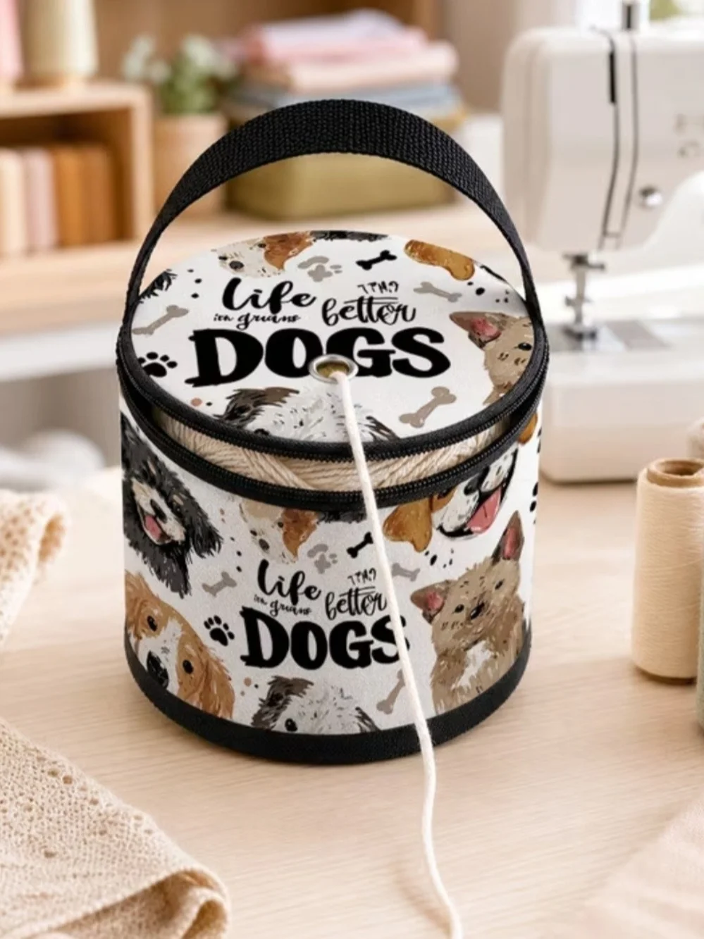 Dogs Pattern Round Crochet Yarn Case - White with Black Trim